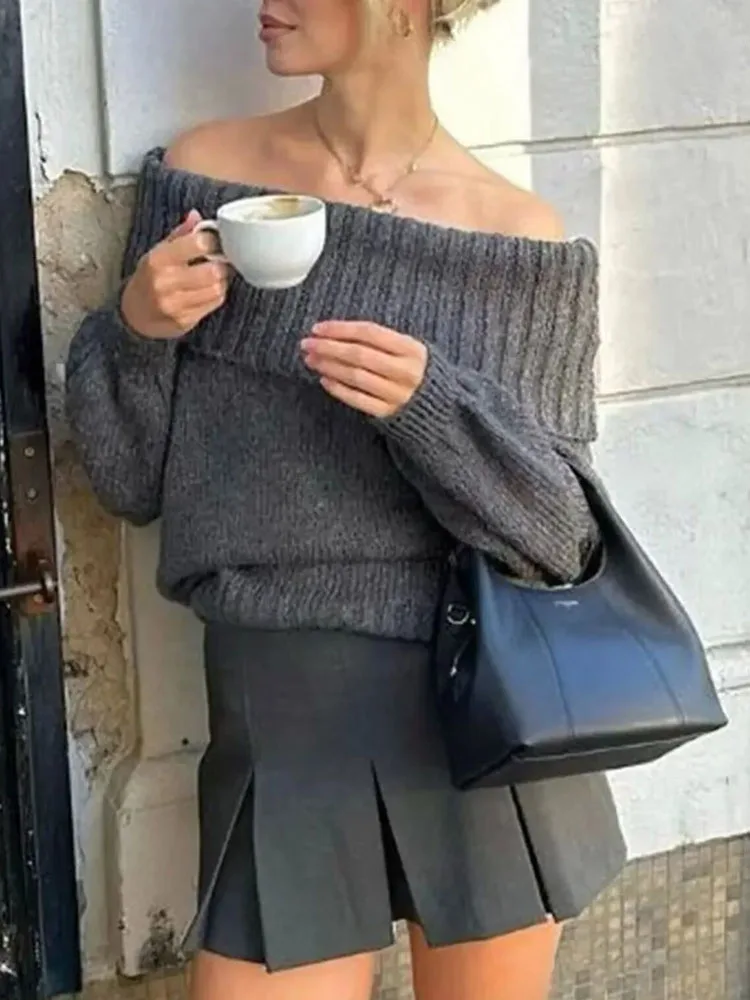 HH femmes automne nouvelle mode revers une épaule pull pull femme haute rue décontracté ample solide tout-Match haut français