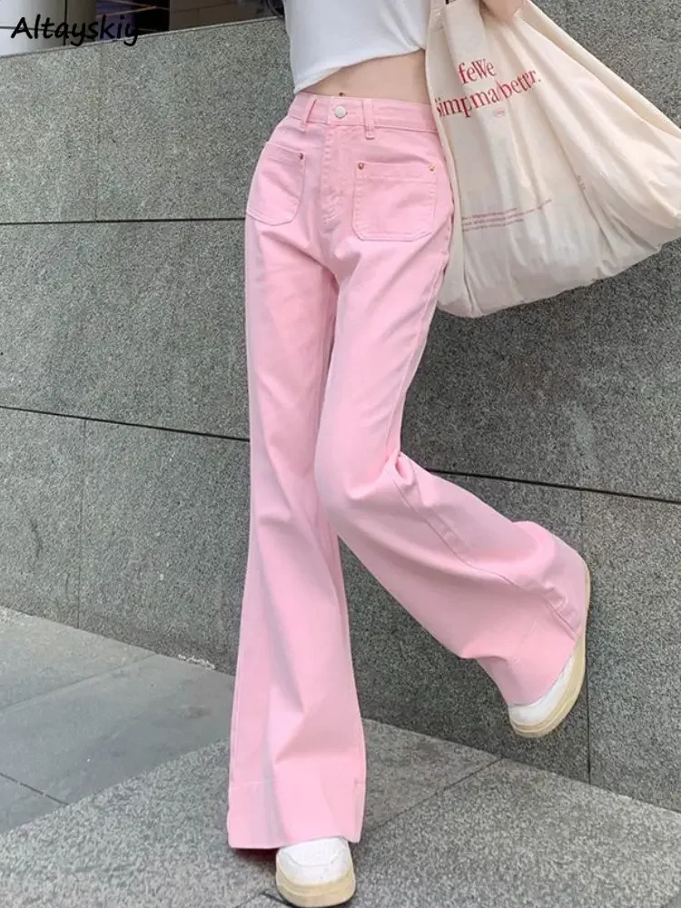 Flare Jeans Women Pink Streetwear Loose All-match High Waist Spring Fashion Korean Style Simple Schoolgirls Daily Casual New Ins