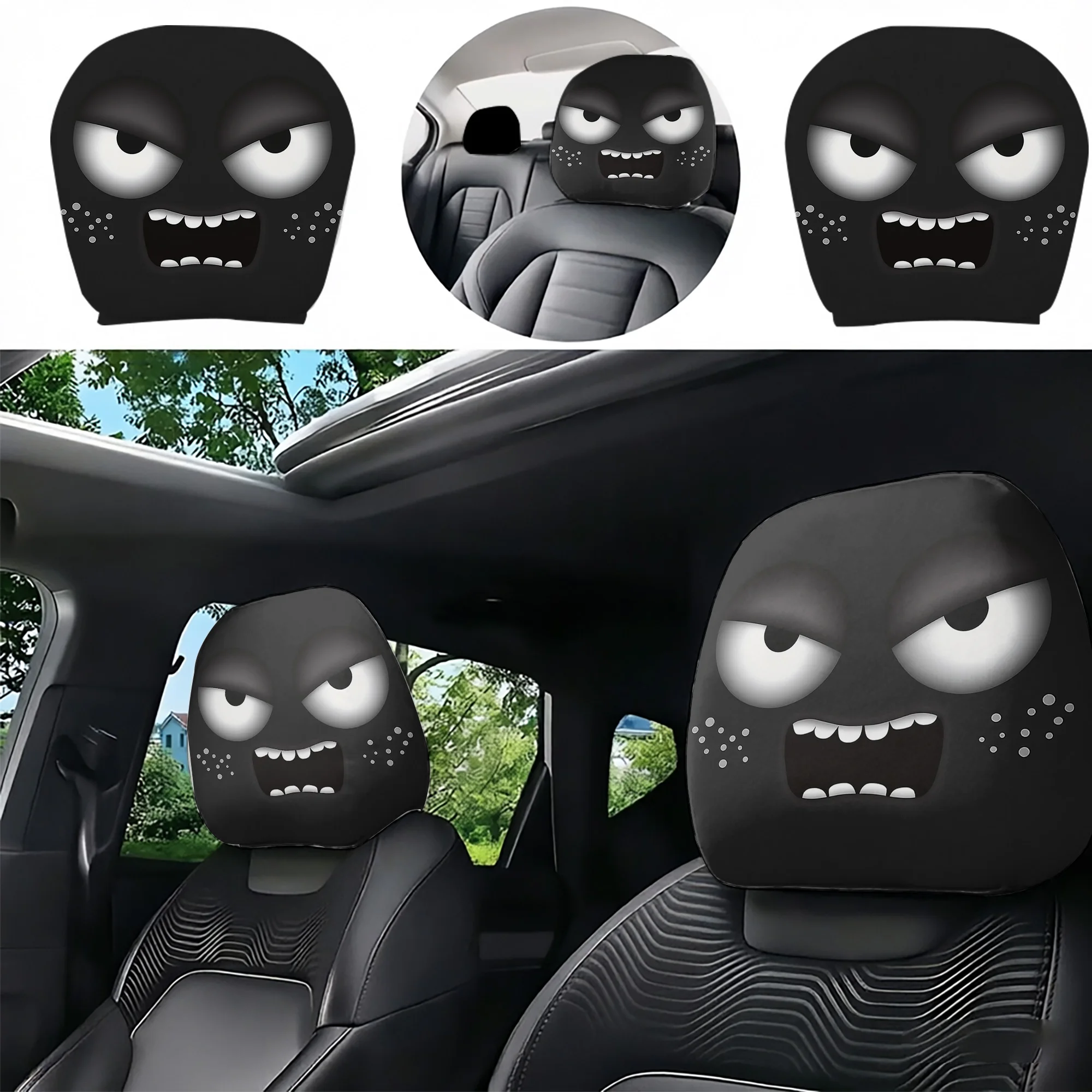 2pcs car headrest covers with angry-eyed expressions, bringing a fun and avant-garde style to your car’s interior. Filling not i