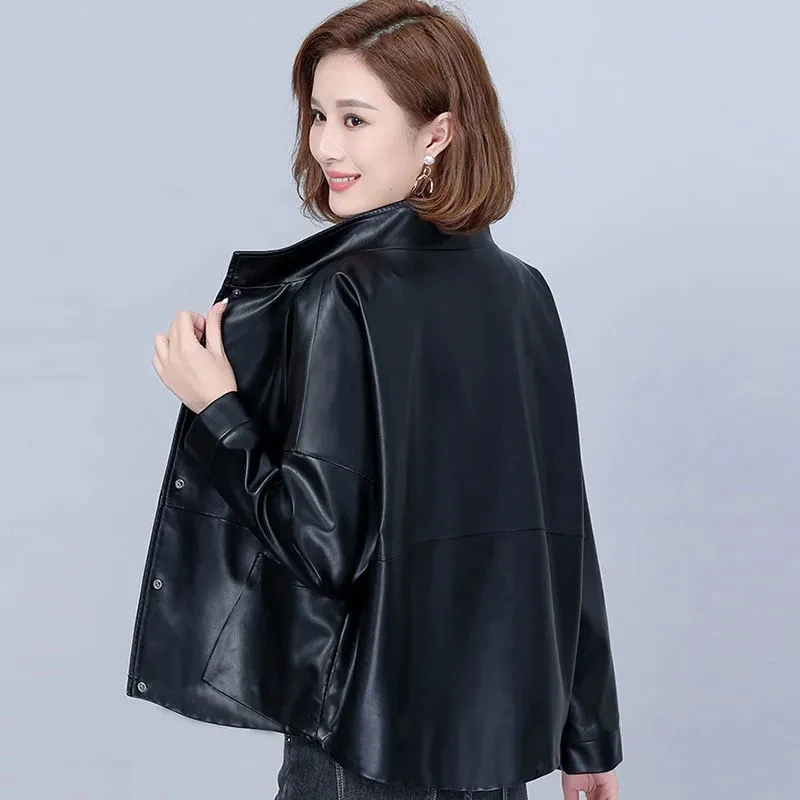 High end leather Jacket women 2025 New Spring Autumn Short Korean version loose Stand  collar Faux leather jackets Female