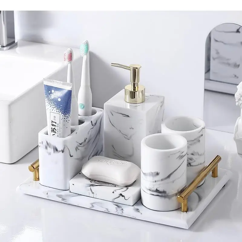 

Resin Bathroom Rectangular Tray Marble Toiletries Wash Set Lotion Bottle Cotton Swab Box Mouth Cup Soap Dish