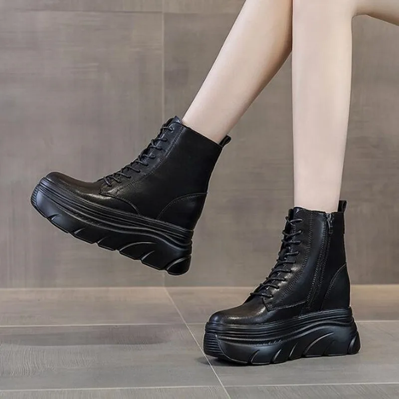 

Весенне-осенние женские белые ботильоны, увеличивающие рост, зимняя уличная обувь для отдыха на толстой подошве для девочек, мотоциклетные ботильоны Mujer