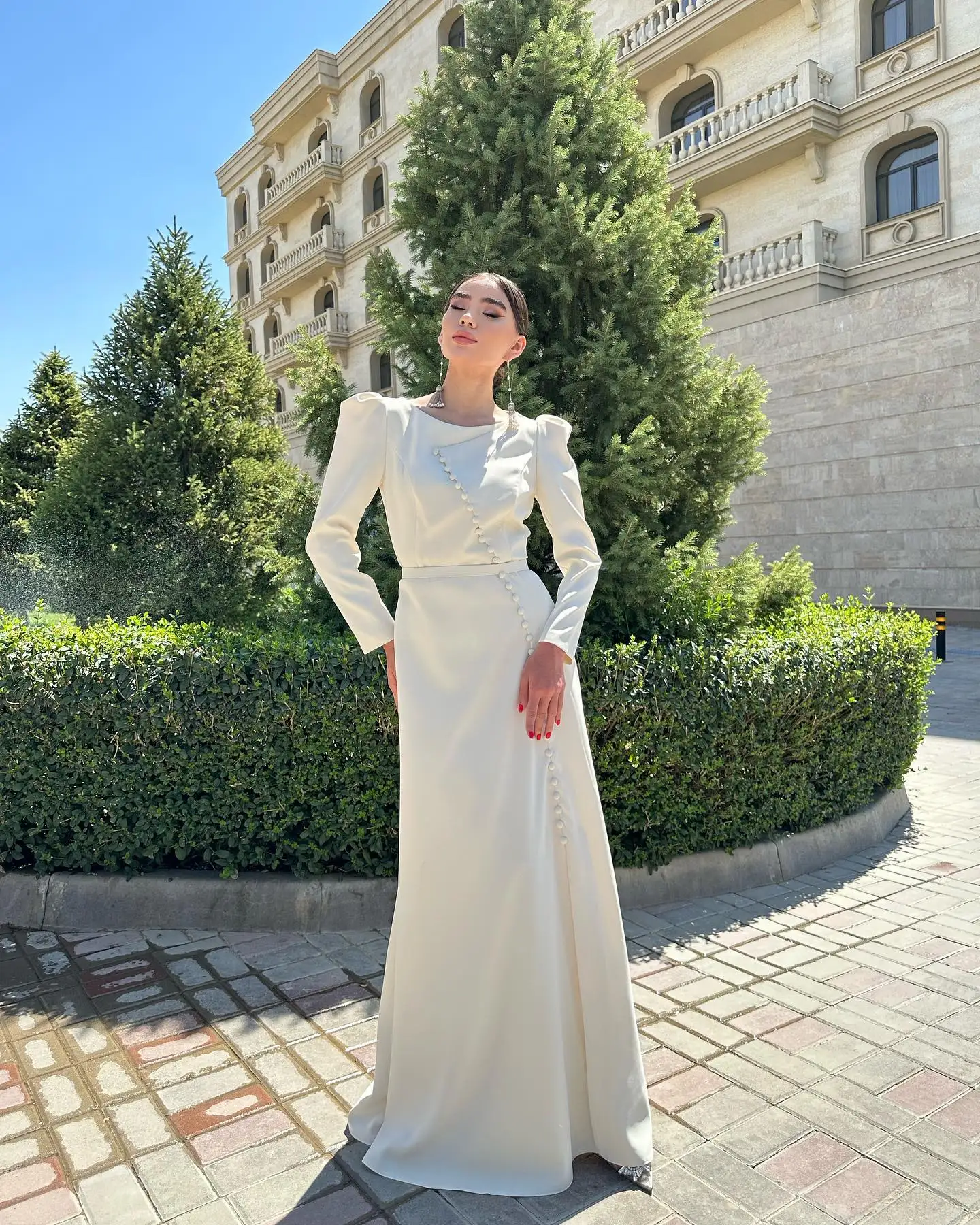 

Customized Formal Jersey Buttons Evening Dresses Temperament Long Sleeves Crew Neck Party Dress Custom Made Cocktail D