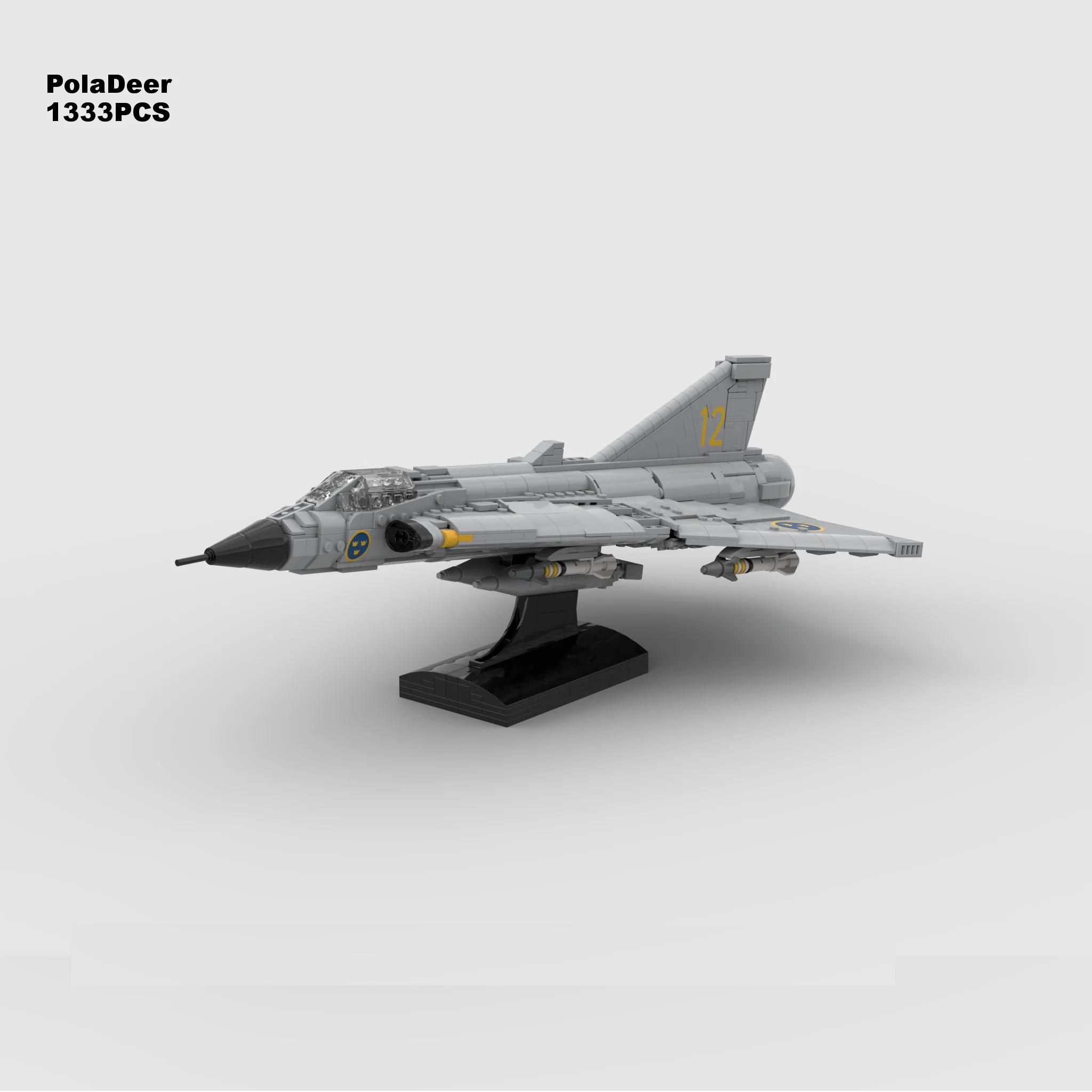 

PolaDeer DIY 1333PCS MOC With Sticker Stand 1:35scale J35 Siren Fighter (Draken) Building Block Assembly Model Toy Birthday Gift
