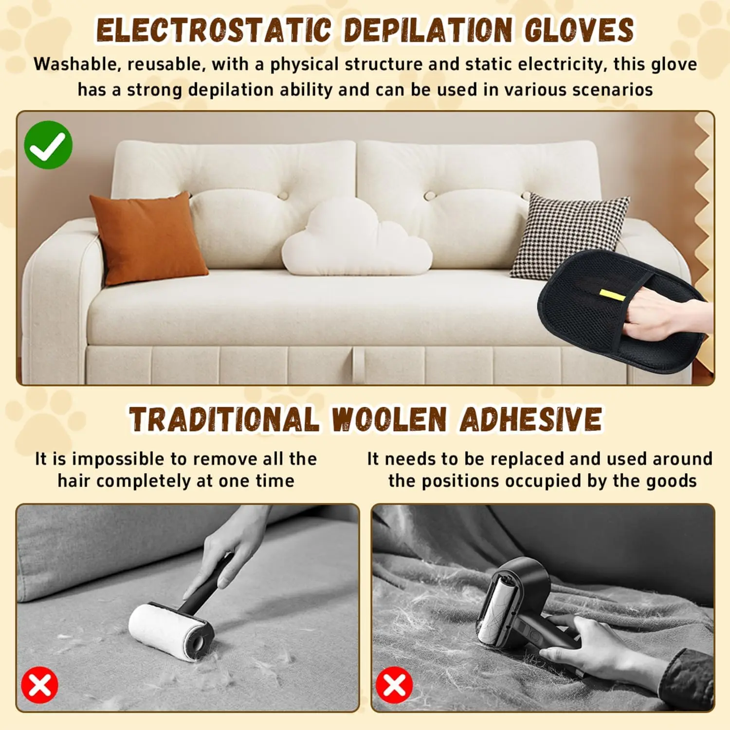 고양이 & 강아지 털 제거 장갑, 세탁 가능한 강아지 고양이 그루밍 장갑, 가정, 자동차 내부용 재사용 가능 애완동물 털 제거 도구