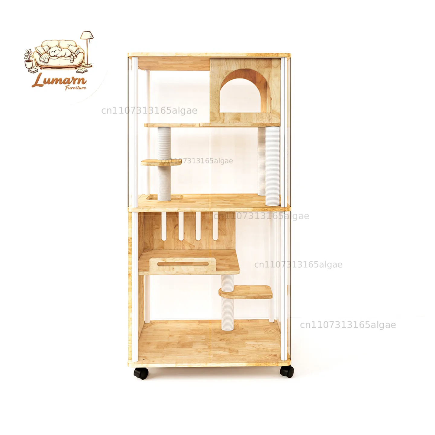 Solid wood panoramic cat villa can put automatic cat litter box