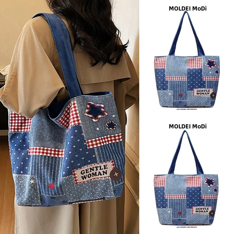 

Осенне-зимняя вместительная сумка-тоут для женщин, джинсовая сумка в клетку на одно плечо, модная рабочая сумка из мягкого полиэстера