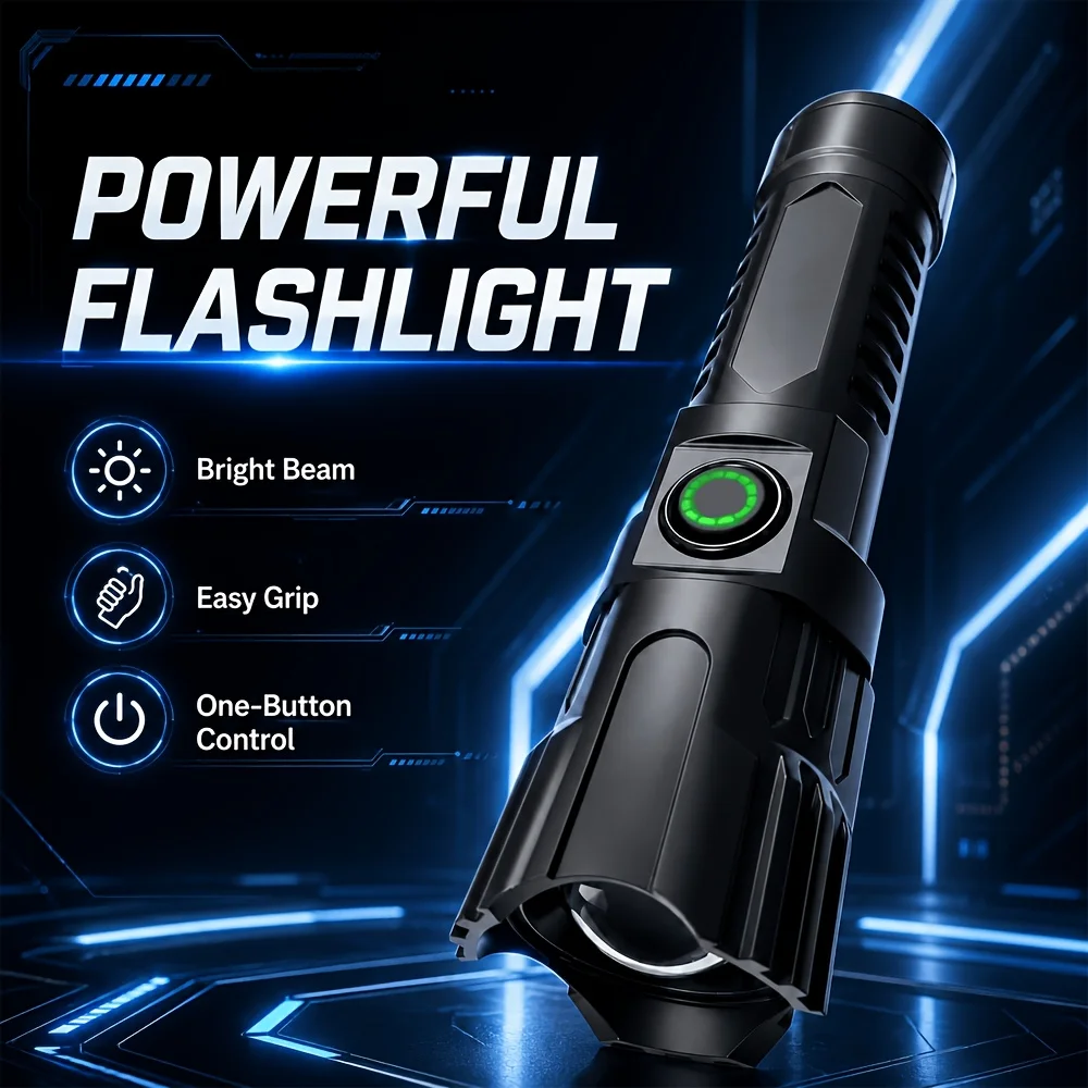 Led Zoom Flashlight 2-Pack, USB Fast Charging Long-Range Flashlight, Telescopic Focus Adjustable Beam, High-Brightness Led Beads, Round Power Button, Heat Dissipation Grille on the Body, Compact and Portable, Long Battery Life, Camping, Patrol, Home Emergency Lighting, Dual-Pack Boxed Portable Flashlight, New Searchlight Set