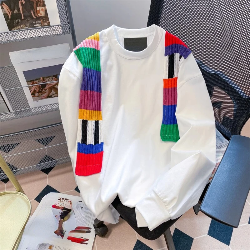 

2000s Kpop Patchwork Loose T-shirts Casual O Neck Chic Fashion Tops Women Colorful Shawl Long Sleeve Roupas Femininas