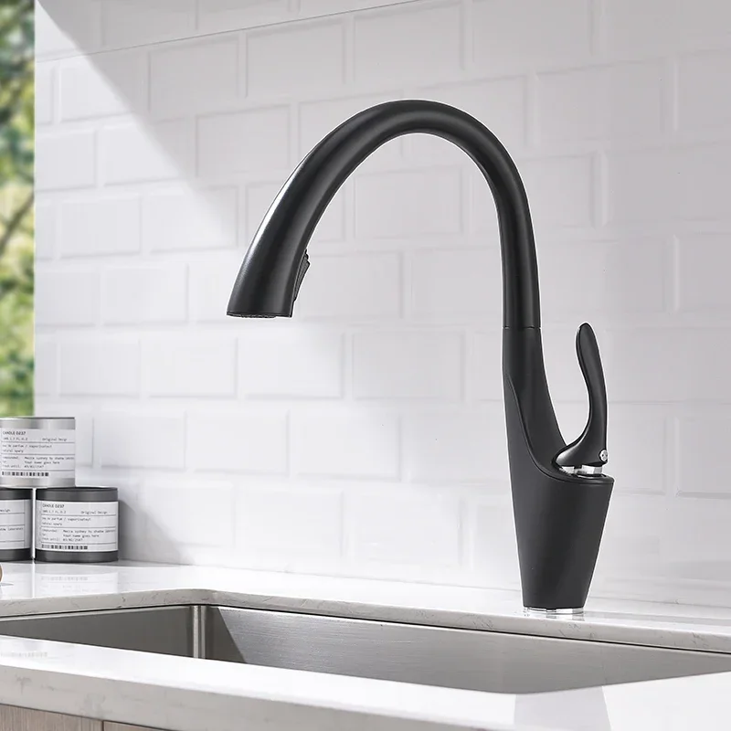 Brushed Kitchen Faucets Brass Pull-Out Kitchen Tap Black Hot and Cold Water Mixer Deck Mounted Gourmet Kitchen Faucet