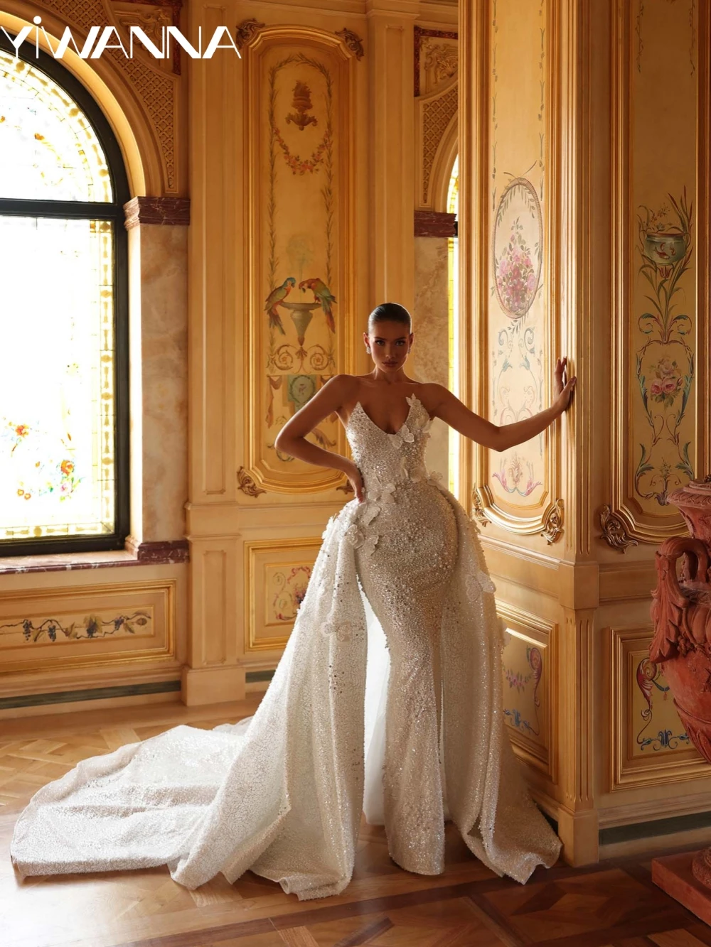 

Detachable Train Sparkling Pearls Lace Wedding Dress With 3D Butterfly V-neck Bridal Gown Customized Elegant Dresses For Bride