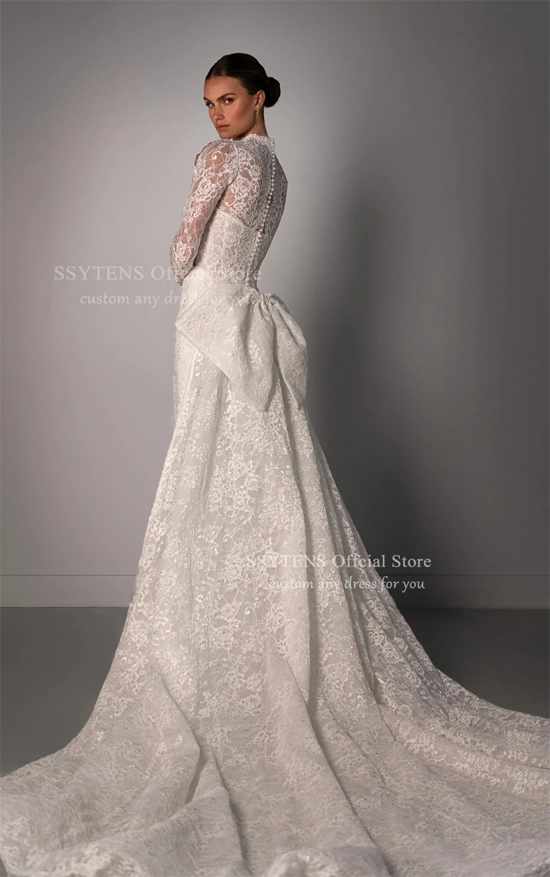 SSYTENS Abiti da sposa in pizzo di lusso maniche lunghe scollo a V abito da sposa staccabile fiocco treno guaina abiti da sposa a sirena personalizzati