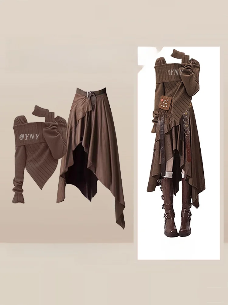 

High Waist Plaid Skirt Set Women's Knitted Sweater Neck Cover Coffee Color Irregular Design Winter Casual Fashion