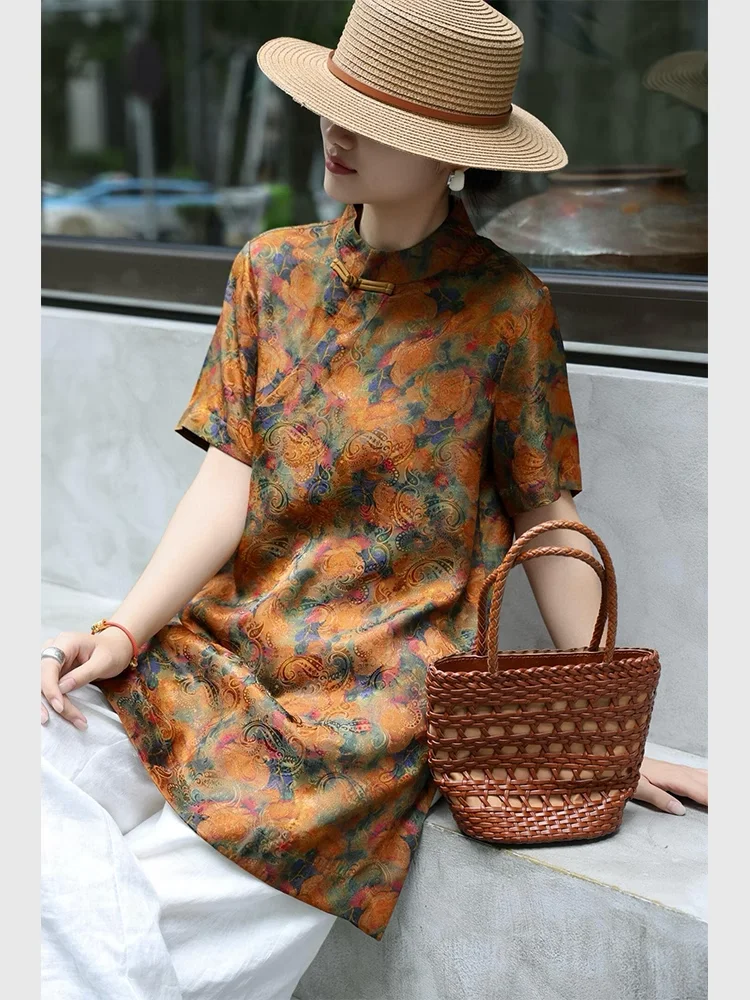 

Новый китайский национальный тренд оранжевого цвета с вышивкой ort Sve Silk irt женский летний костюм средней длины с разрезом Тан...