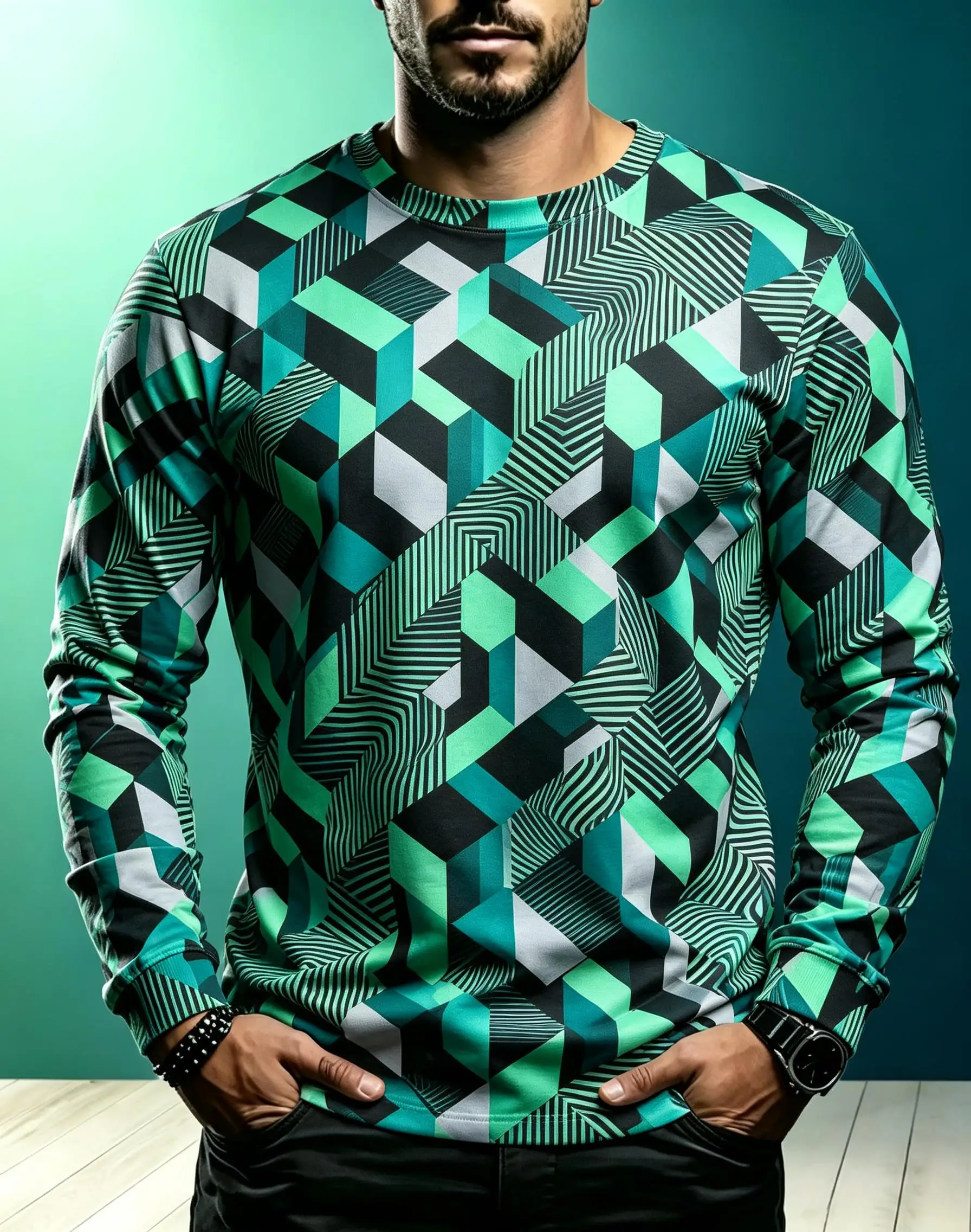 Men Crew Neck Long Sleeve T-shirt, Retro Memphis Geometric Triangle Square Color Block Allover Print Casual Top
