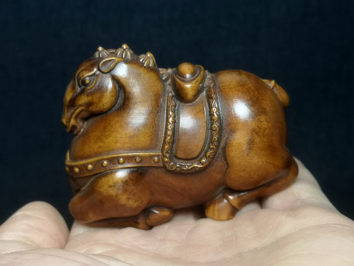 1919 Antique art 2.7 in Old Chinese boxwood hand carved Animal carry gold Ingot Tang Horse Statue Table Decoration gift