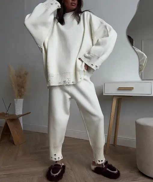 

Broken Hole Sweater Set for Women In Autumn and Winter 2025, Ins Style Knitted Ankle Pants+Round Neck Sweater Set for Women