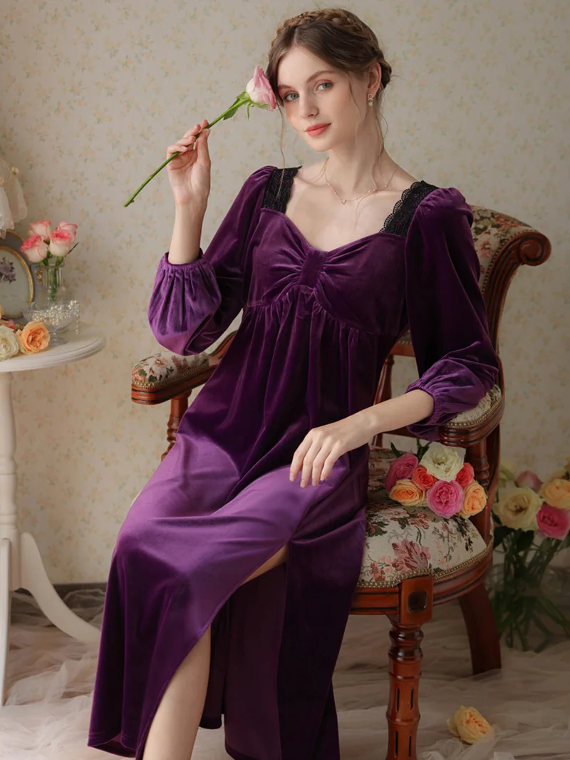 Autumn Winter Velvet Princess Night Dress Pleuche Robe Nightgowns Ruffles Lace Slit Vintage Pajamas Women Victorian Sleepwear