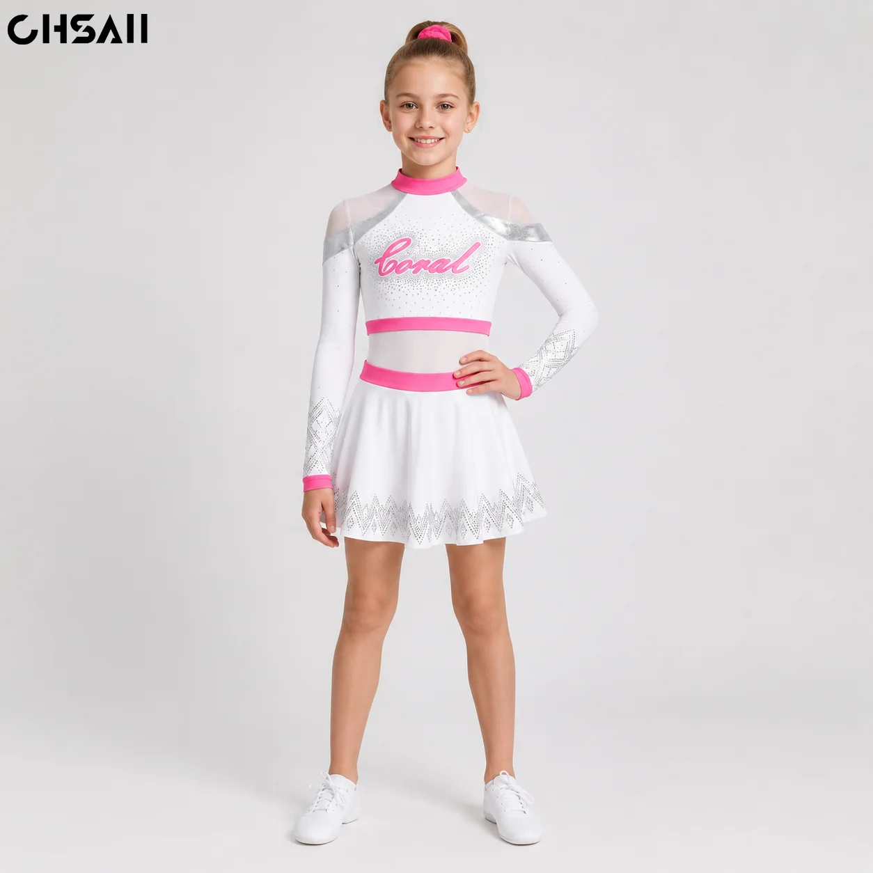 Girls White Pink Silver Rhinestone Cheerleading Uniform Long Sleeve Cold Shoulder Crop Top Skirt Set Kids Team Dancewear Costume
