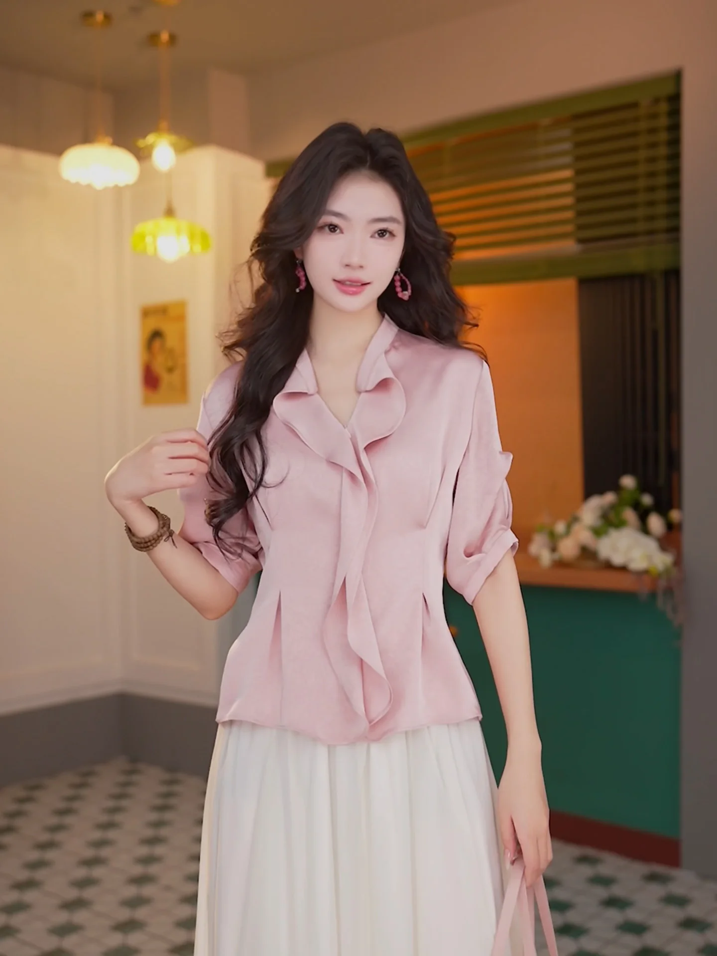 

Chen Jiajie Fly Flower Vintage ort Sve irt Women Slim Summer Design Lotus Le Elegance Commute Top Polyester Fiber