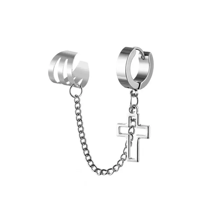 1PC Stainless Steel Cross Skull Star Pendant Ear Clip Earring for Men Women Punk Silver Color Tassel Chain Hoop Earrings Jewelry