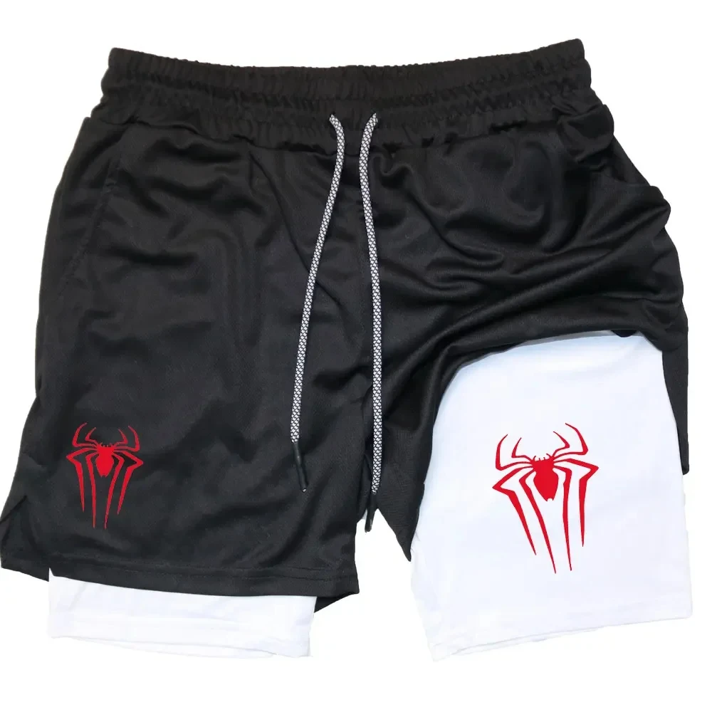 Spider Print Running Shorts Men Gym Sports Shorts 2 In 1 Quick Dry Workout Training Gym Fitness Jogging Short Pants Men Shorts