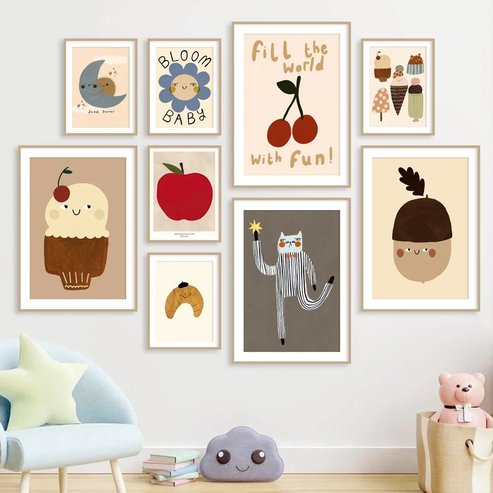 Gato cereza helado bellota manzana sol Luna divertido dibujos animados Vintage póster impresiones cuadro sobre lienzo para pared Kawaii bebé niños habitación De