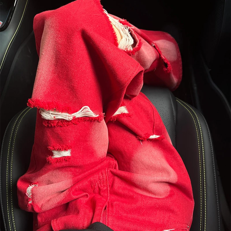 Zomer rode tie-dye gat denim broek dames 2025, nieuwe losse rechte jeans, high street vrouwelijke casual wijde pijpen broek