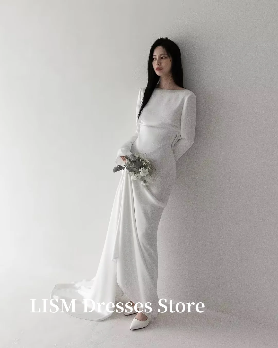 LISM Simple A-Line Korea Wedding Dresses Photo Shoot Full Sleeves Silk Chiffon Elegant Bridal Gowns웨딩드레스Customized Corsets
