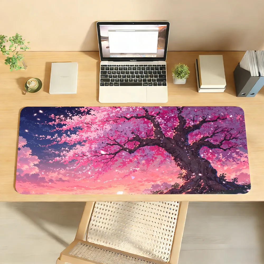 Anime Pink Cherry Blossoms Mauspad, rutschfeste Schreibtischunterlage, PC-Laptop-Zubehör, Büro-Tastatur, große Gamer-Dekoration