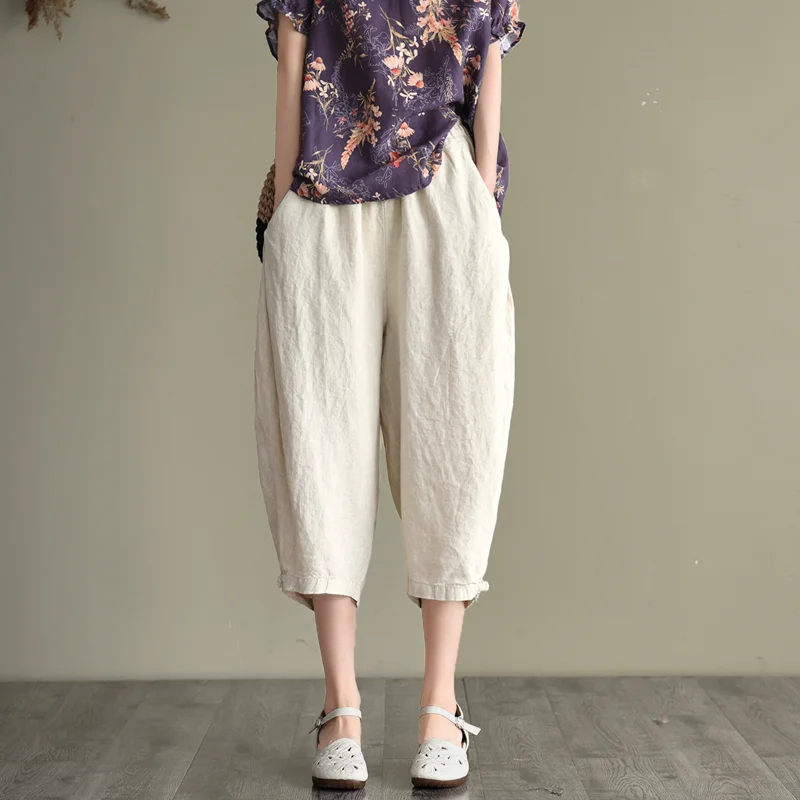 Retro Artistic Lantern Pants Loose Slimming Harlan Nine-Piece Women's Cotton Linen Blend Casual Trousers High Waist Commute S...