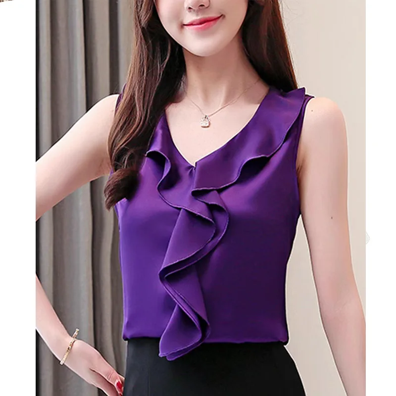 New Women Blouses Summer Blouse Women 2024 V-neck LooseSleeveless Chiffon Blouse Women Shirts Womens Tops and Blouses Z07