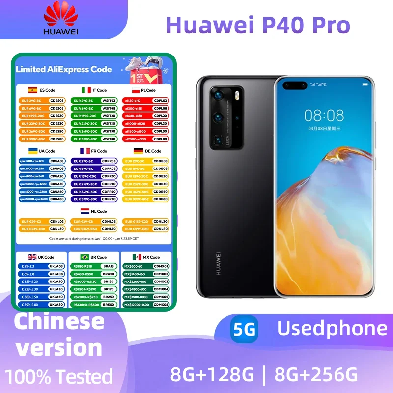 HUAWEI P40 Pro 5G Smartphone Android 6.58 Inch 50MP+32MP 256GB ROM 8GB RAM Mobile Phones IP68 Waterproof Used Phone