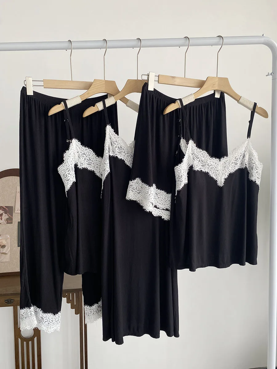 高弾性モーダルパジャマ長ズボン背中の開いたレーストリムナイトガウンストラップホーム服甘いかわいいスタイル四季ユニバーサル