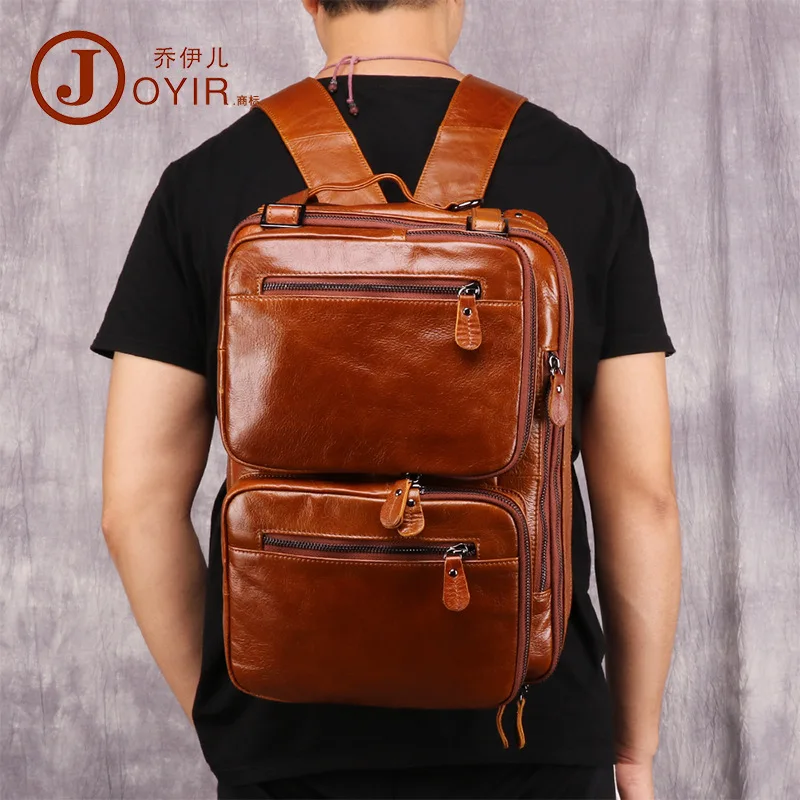 Shoulder real leather men's backpack multi-function carry super capacity multi-pocket expansion high-grade backpack