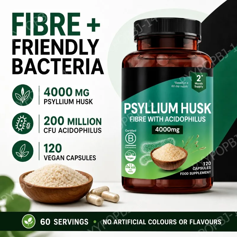 Psyllium Husk 4000mg Capsules with Lactobacillus Acidophilus 120 Capsules 60 Servings Vegan Non-GMO Gluten Free