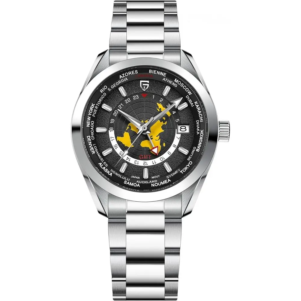 

Мужские автоматические часы Design PD1788 класса люкс с двумя часовыми поясами, механизмом NH34 GMT, стальным ремешком, водонепроницаемые, светящиеся, многофункциональные