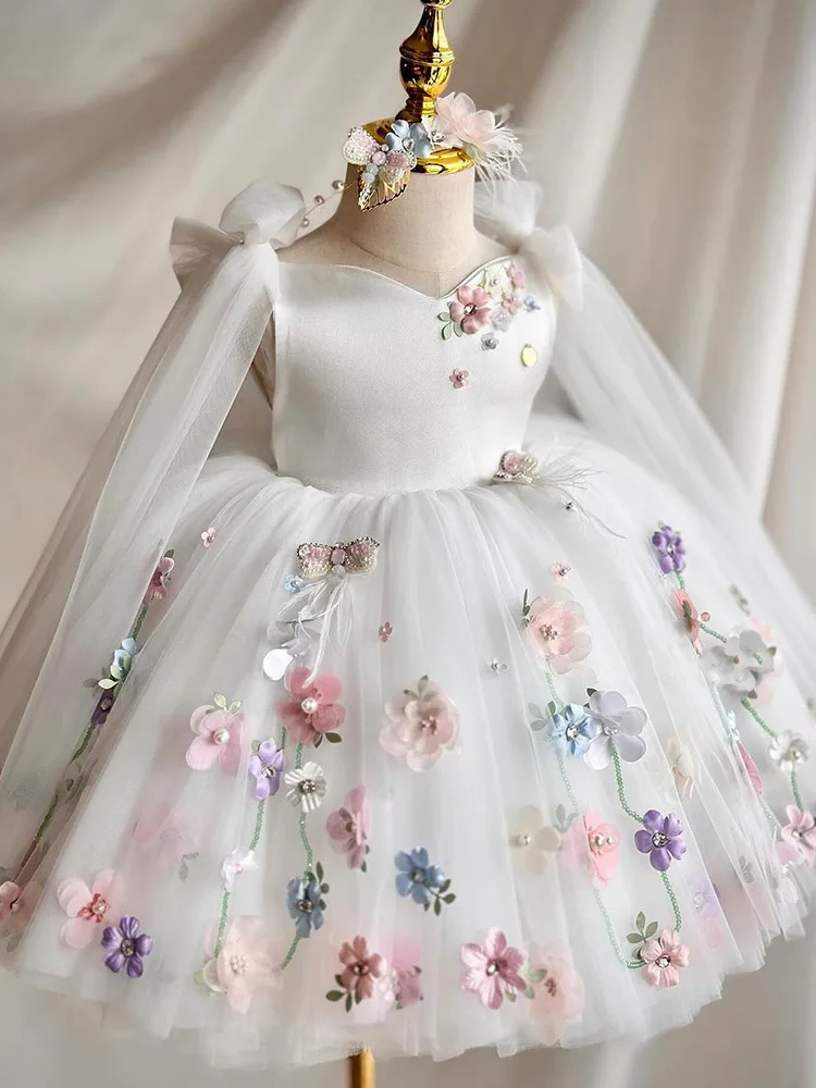 Vestido de niña de flores con apliques blancos para boda, tul hinchado sin mangas, princesa elegante, fiesta para niños, primera comunión, vestido de baile