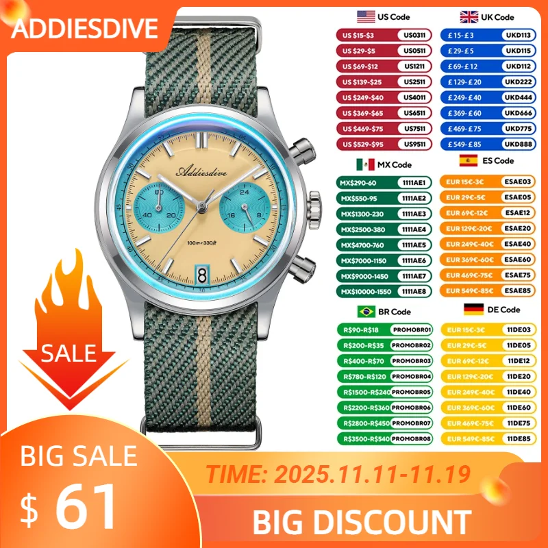 ADDIESDIVE 2025 NEW Watch of Men 60min Chronograph Quartz Wristwatch Bubble Mirror Glass Luminous Waterproof Men's Watches 38mm