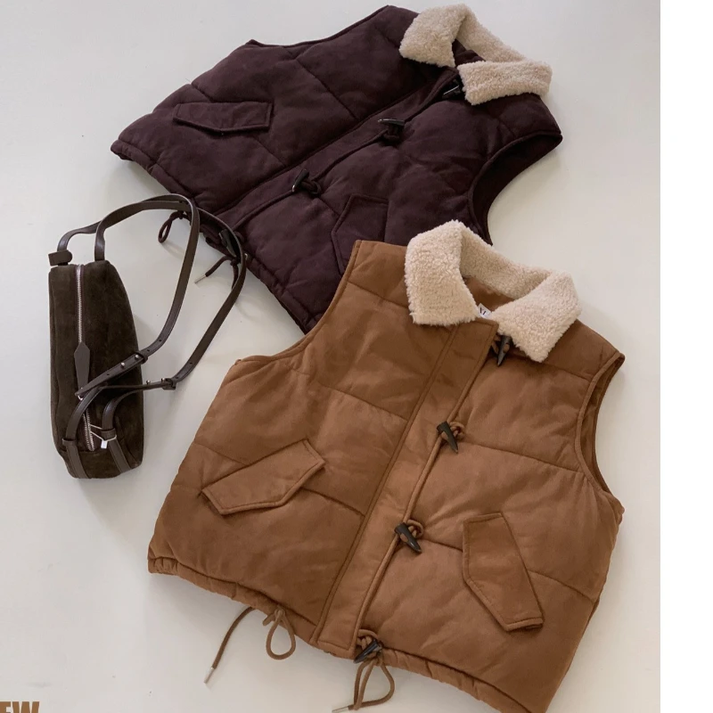 Autumn Winter Coat Women Vintage Suede Vest Fashion Horn Buckle Sleeveless Short Cotton Vest Jacket Female Waistcoat Outerwear