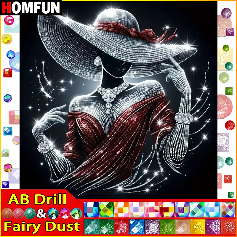 

HOMFUN Fairy Dust AB Full Diamond Embroidery "Portrait Beauty Hat" Diamond Painting Patterns Rhinestone Unfinished Home Decor