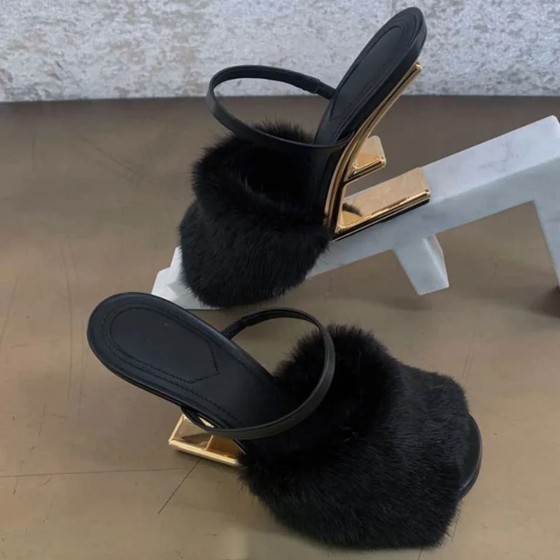 2024 Summer Fur Sandals Women Furry Party Shoes Fluffy High Heel Slippers Woman Fashion Fur Slides Heels Large Size grils Pumps