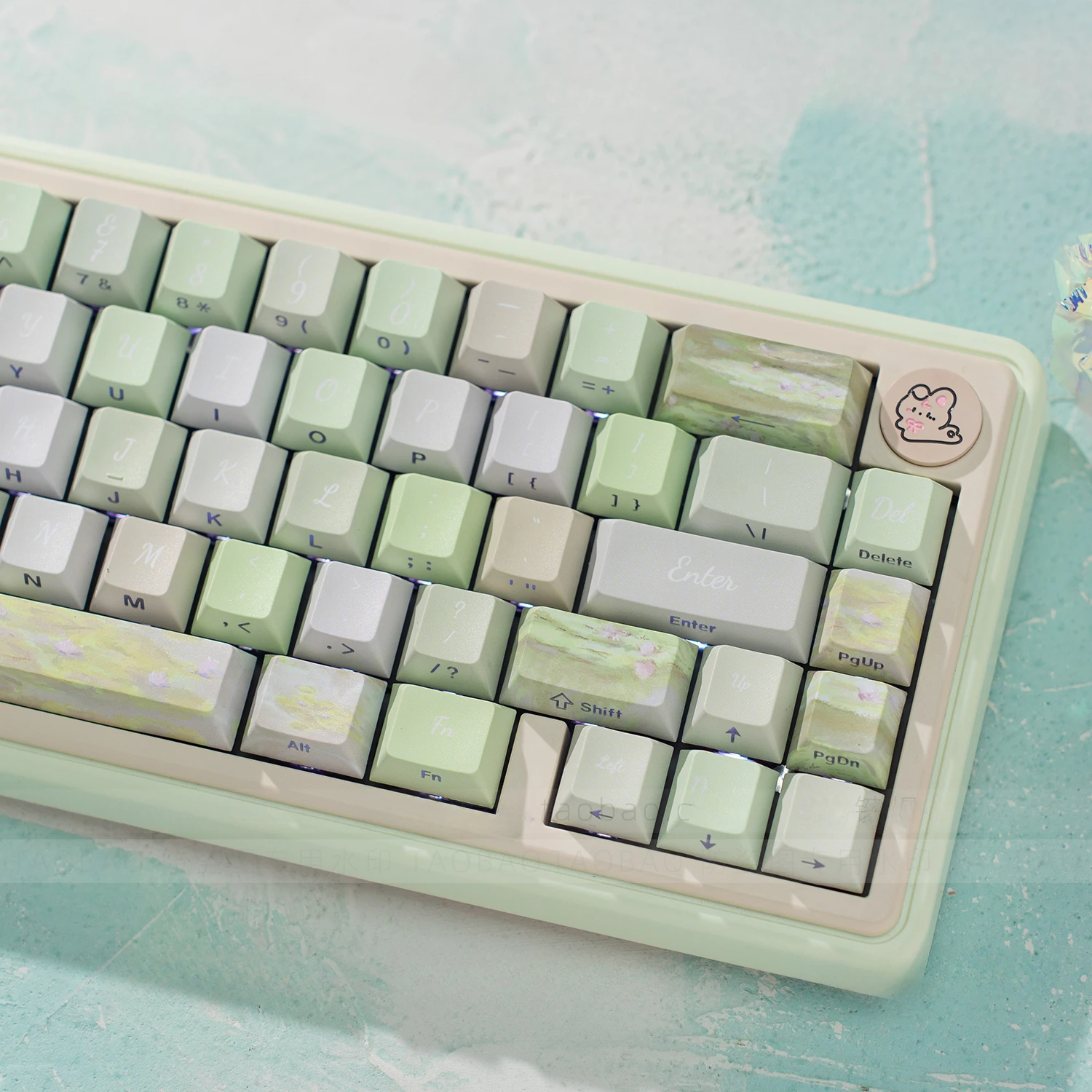 

Water Lily Theme Keycaps Light Green Oil Painting Flower Language Keycap Cherry Profile PBT Side Engraved Translucent Key Caps