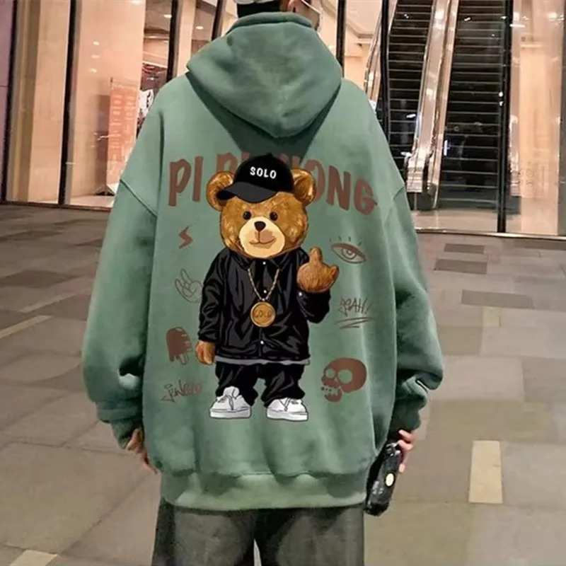 Fall Winter Fashion Bear Printed Women Hooded Loose Fleece Warm Tracksuit Sports Streetwear Fashion Hoody Casual Sweatshirt