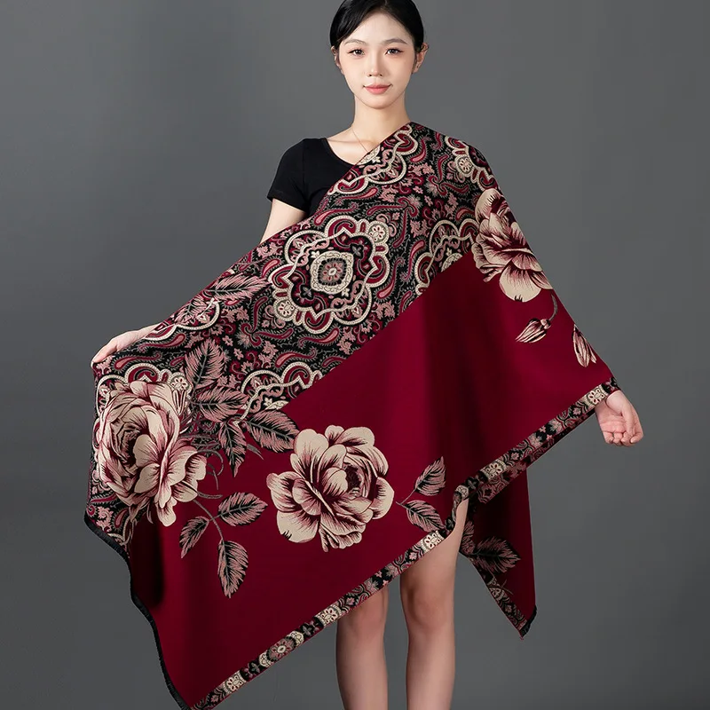 

Burgundy Flower Print Scarf Warm Pashmina Bufanda Muffler Cashmere Blend Echarpes Shawl and Wraps Elegant Autumn Winter Scarves