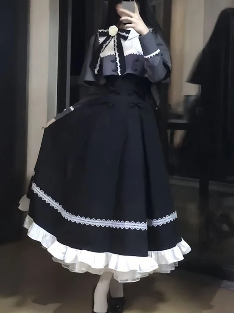 

Japanese Sweet Gothic Lolita 2 Piece Sets Women Vintage Short Cloak Coats + Long Dresses Harajuku Fashion Punk Party Outfits New