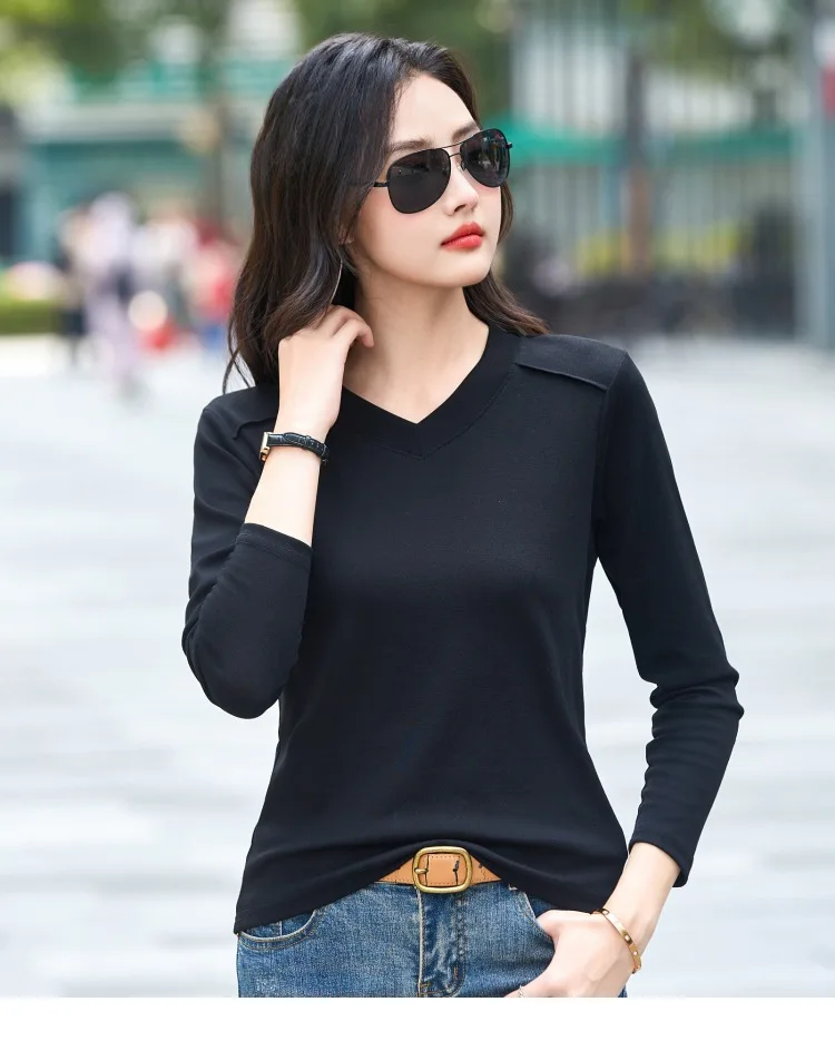 AOSSVIAO 2026 Damen Frühling Herbst 100% Baumwolle T-Shirt Basic Einfarbig Langarm Locker Sitzende Oberteile Shirts T-Shirt – Detail 10
