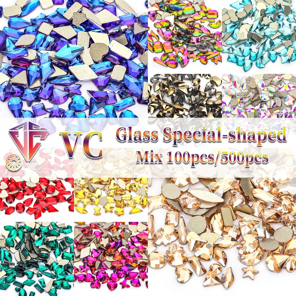 VC 100Pcs/500Pcs Glass 3D Nail Art Rhinestones Flatback Strass Glitter Diamond Crystals Mixed Shape Shiny DIY Crafts Decoration