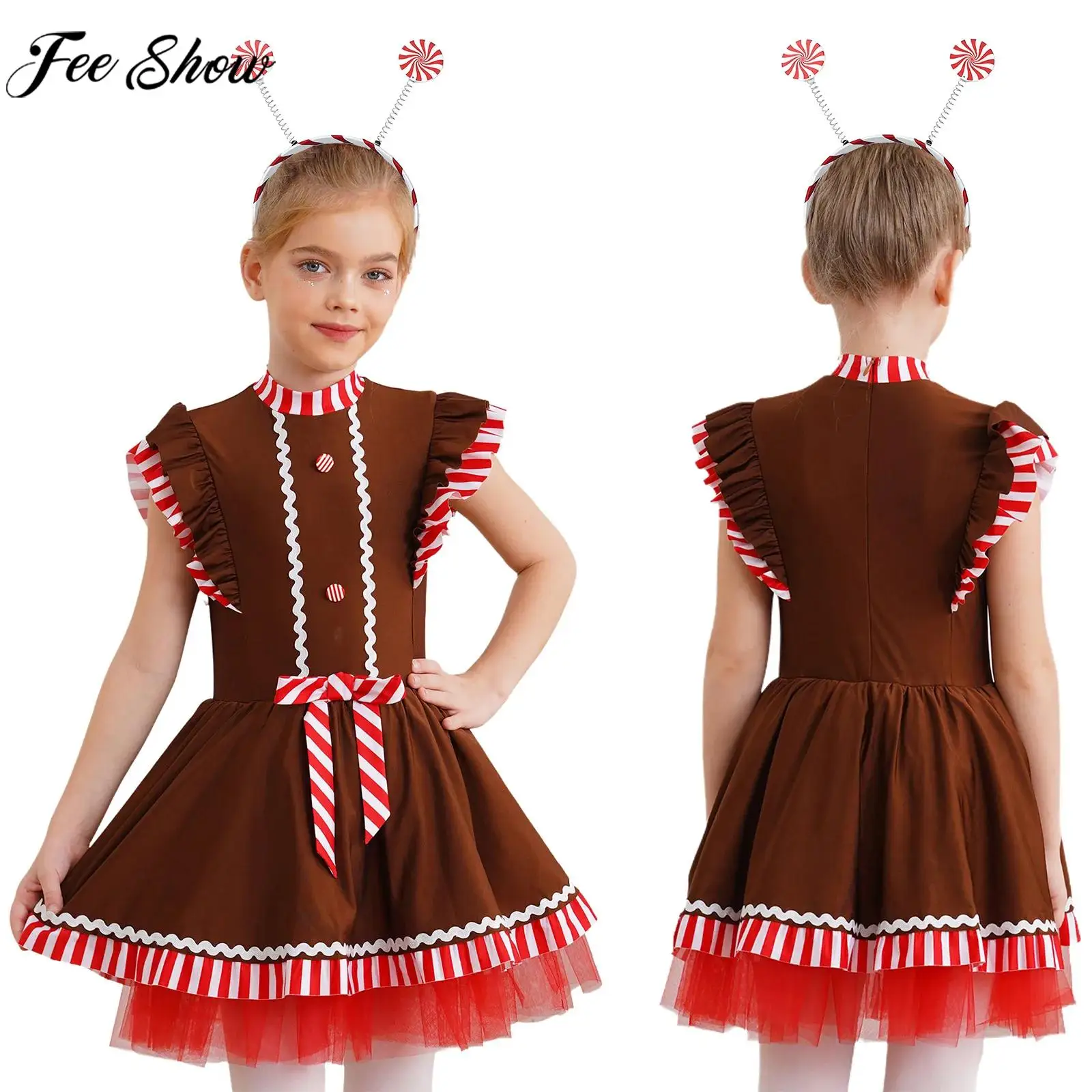 Kids Girls Christmas Tutu Dress with Lollipop Hair Hoop Xmas Gingerbread Man Cosplay Costume Skating Ballet Dance Leotard Dress