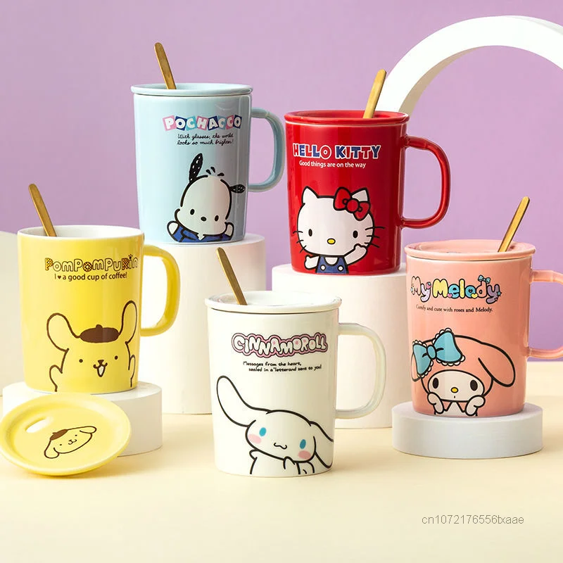 350ml Sanrio Hello Kitty Mug Pochacco Ceramic Tiki Cup With Lid And Spoon Y2k Women Portable Coffee Cup Aesthetic Water Cups